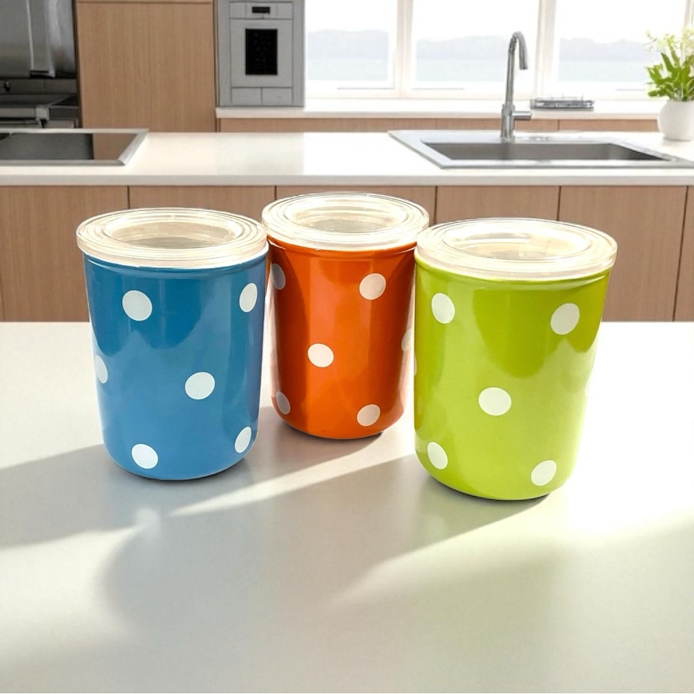 Polka Dot Canisters Set Of 3 Blue Green Orange Ceramic 5”